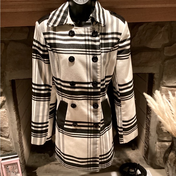 BCX BLACK & WHITE PLAID DOUBLE BREASTED PEACOAT SZ.L - Picture 7 of 16